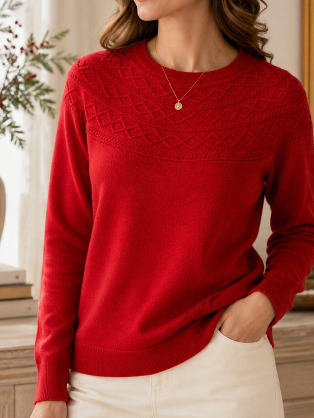Talbots Cotton Cashmere Diamond Cable Knit Sweater Red Holiday Small